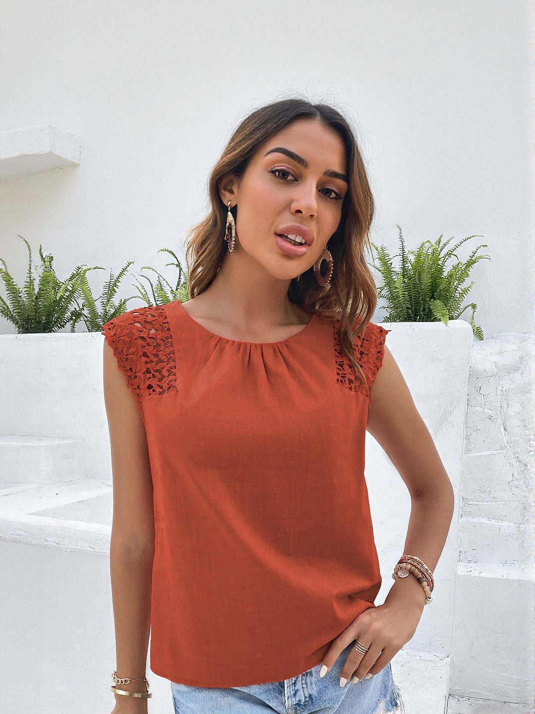 Rust Top With Lace Insert Detail