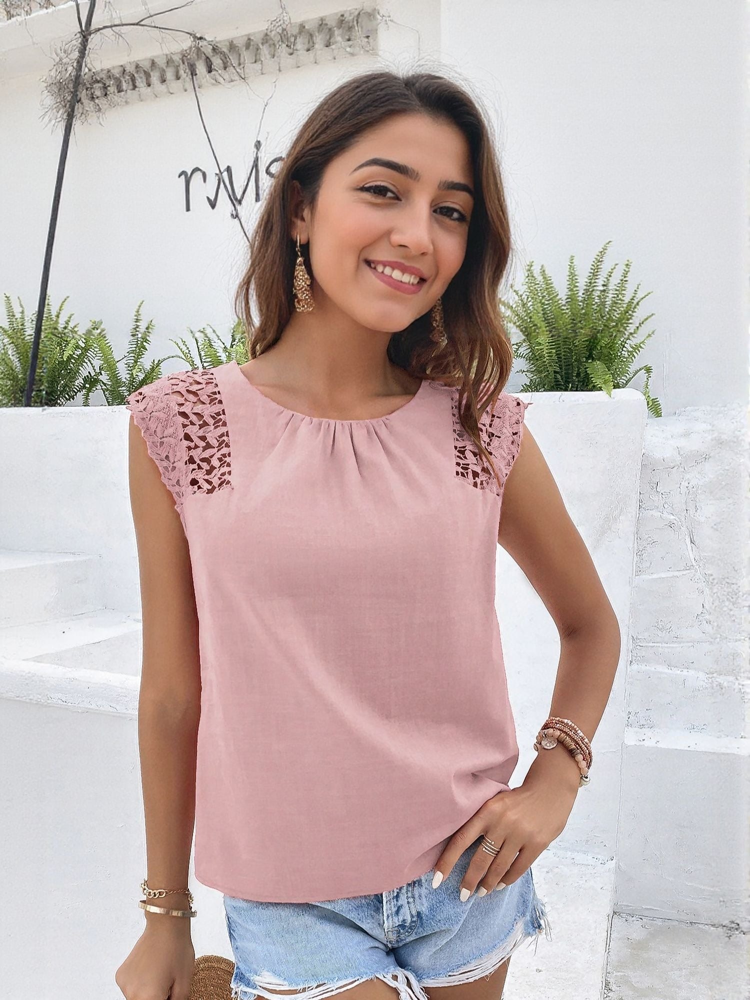 Mauve Top With Lace Insert Detail
