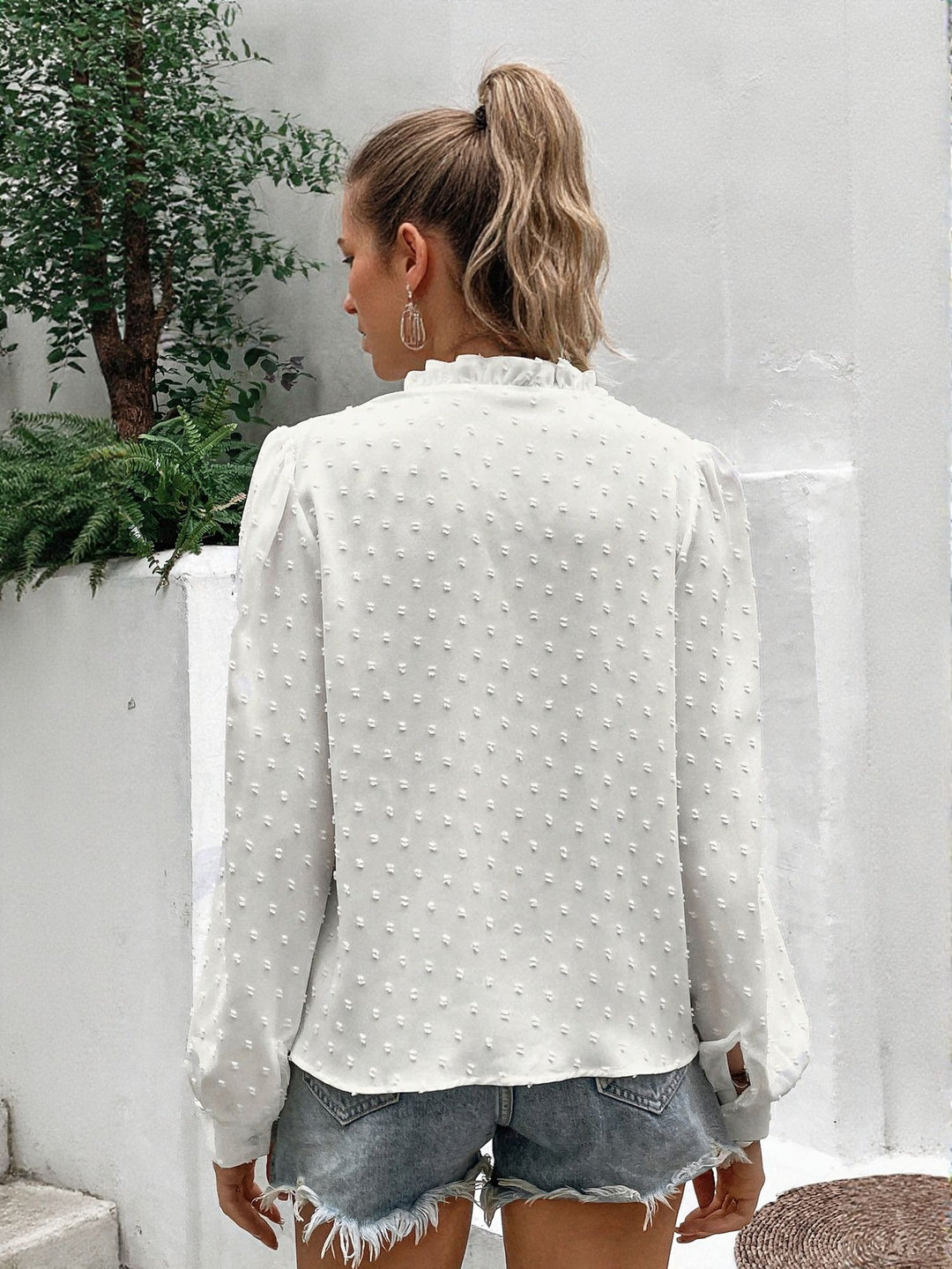 White Lace Patch On Puff Sleeves Top