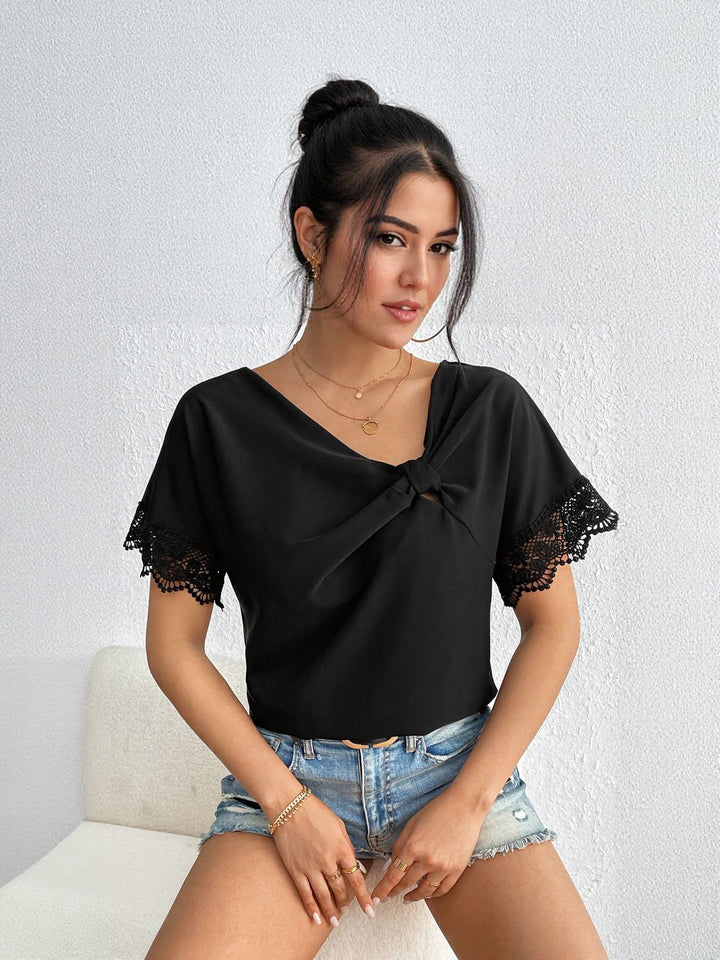Black Front Knot At Neck With Lace Top