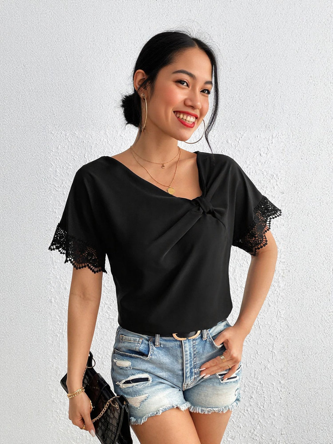 Black Front Knot At Neck With Lace Top