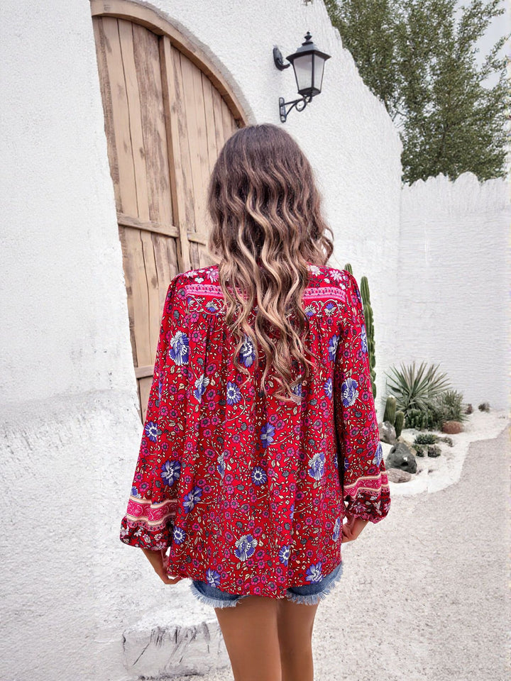 Red Printed Tie Up Closure Blouse