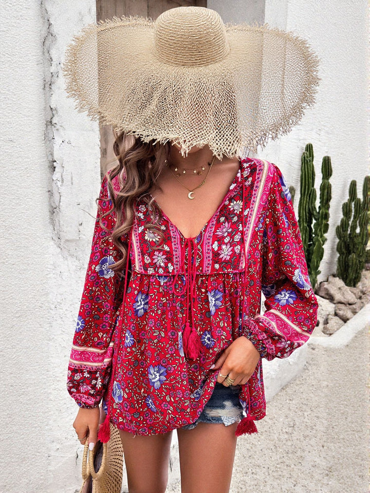 Red Printed Tie Up Closure Blouse