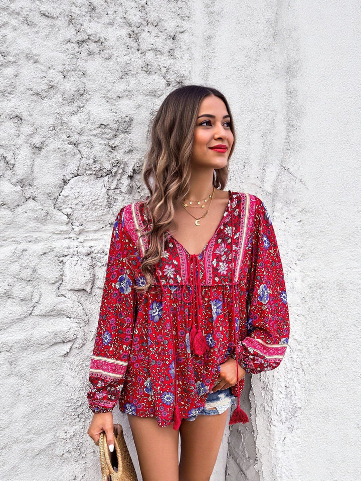 Red Printed Tie Up Closure Blouse