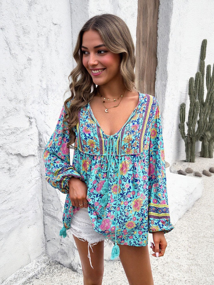 Light Blue Printed Tie Up Closure Blouse