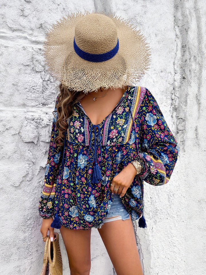 Navy Blue Printed Tie Up Closure Blouse