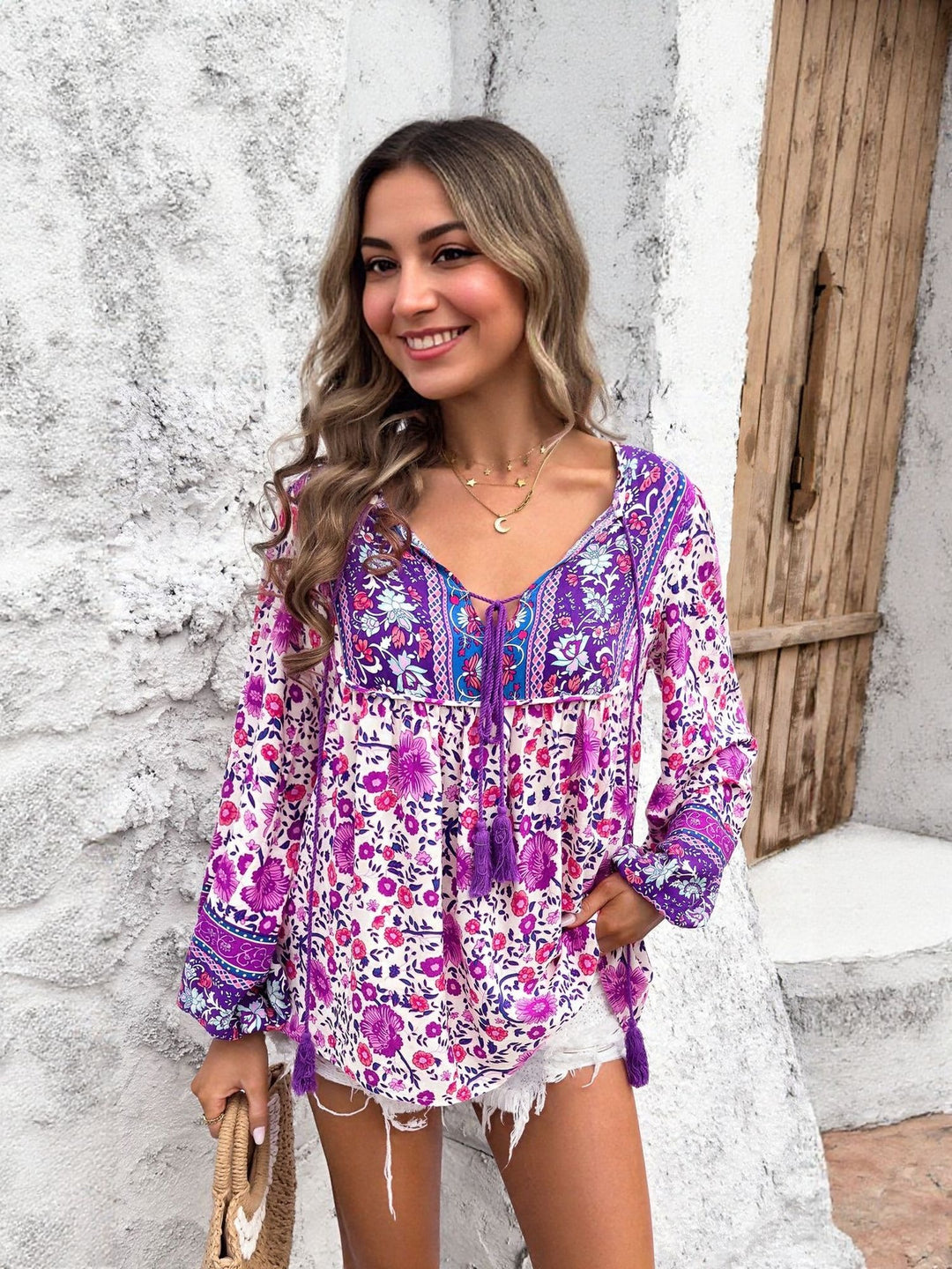 Pink Printed Tie Up Closure Blouse