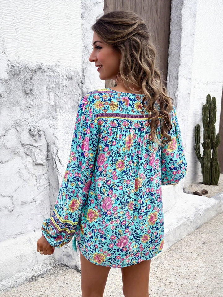 Light Blue Printed Tie Up Closure Blouse