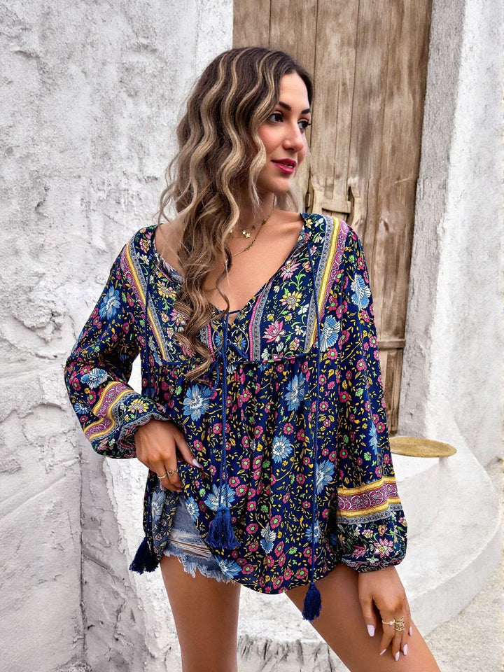 Navy Blue Printed Tie Up Closure Blouse