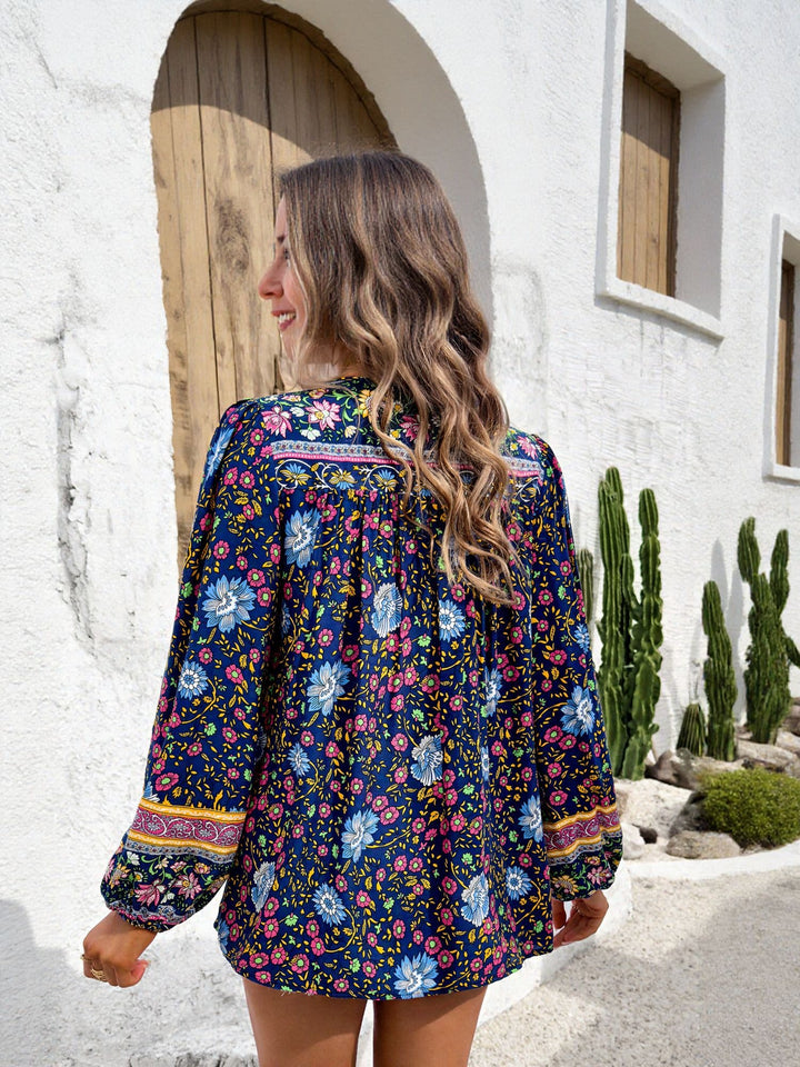 Navy Blue Printed Tie Up Closure Blouse