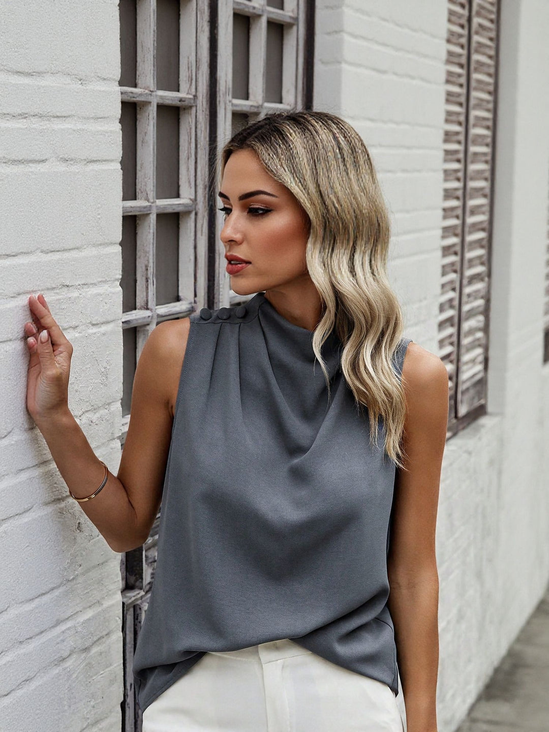 Grey High Neck Cowl Top