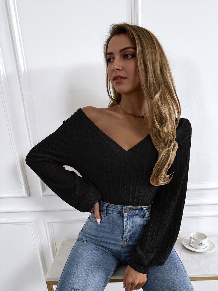 Black V Neck Volume Sleeve Top