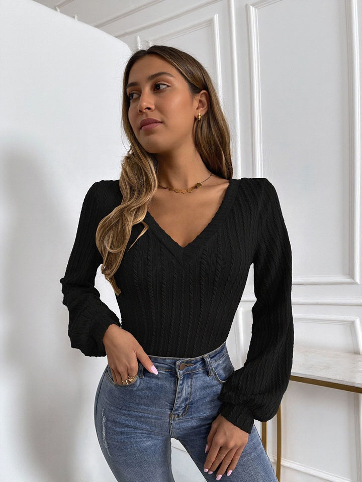 Black V Neck Volume Sleeve Top