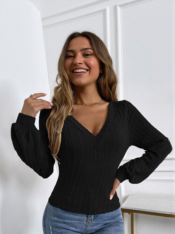 Black V Neck Volume Sleeve Top