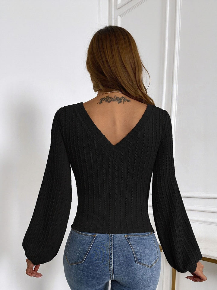Black V Neck Volume Sleeve Top