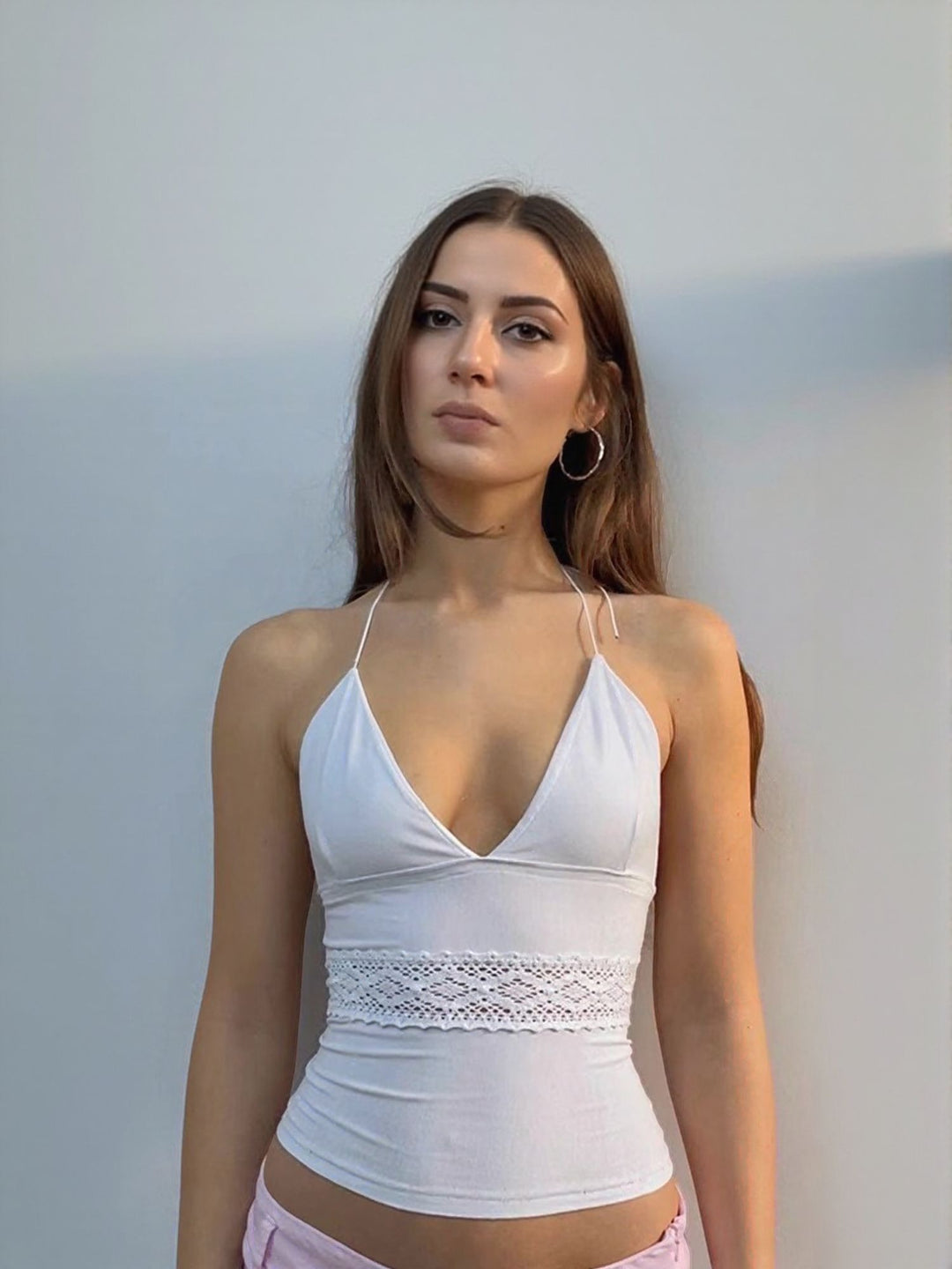White Solid Camisole With Lace Inserts