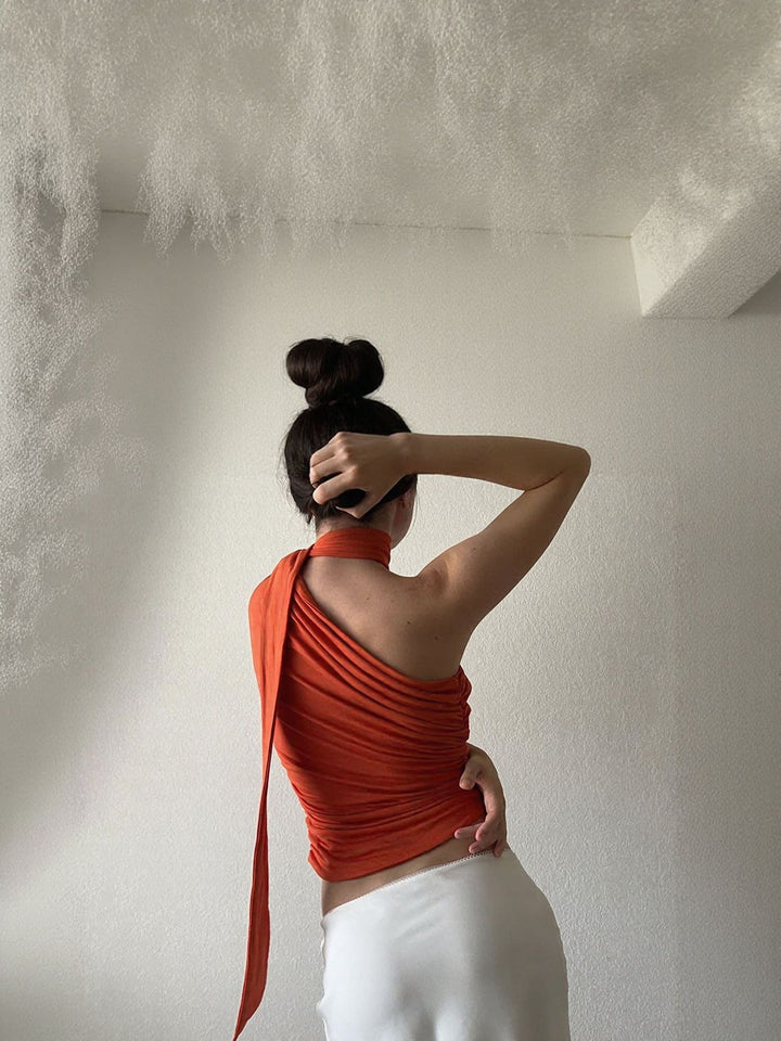 Orange Neck Tie Up One Shoulder Top