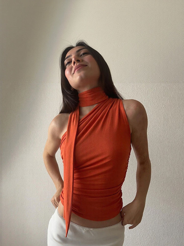 Orange Neck Tie Up One Shoulder Top
