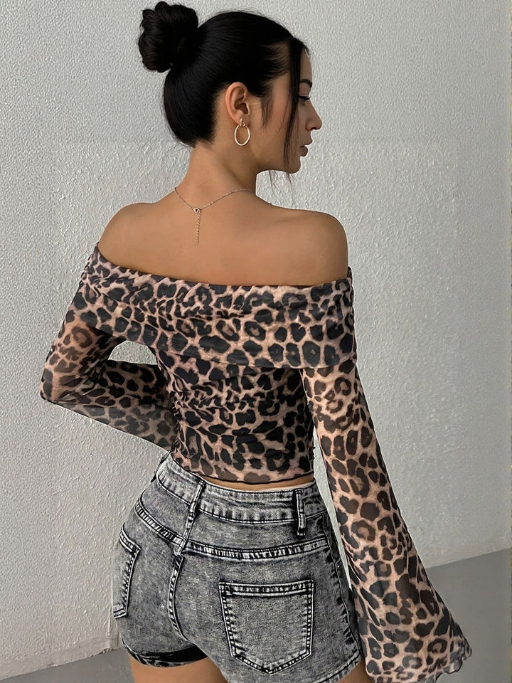 Beige Off Shoulder Animal Print Top