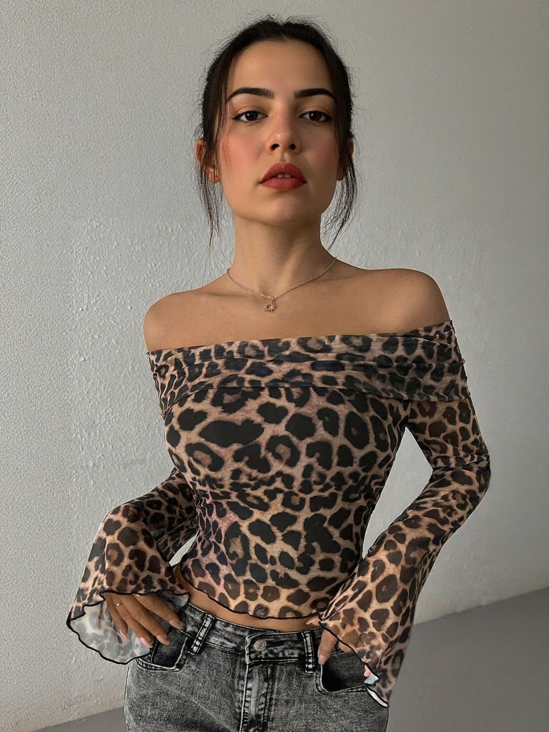 Beige Off Shoulder Animal Print Top