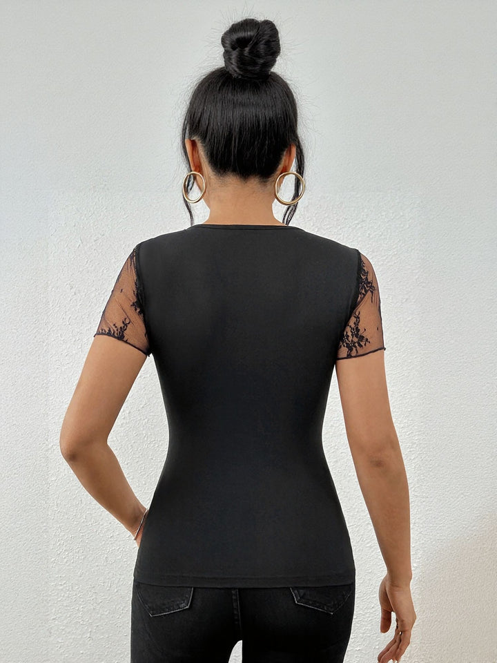 Black Fitted Top Lace Yoke Top