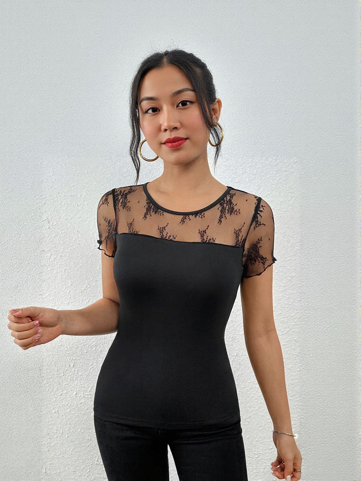 Black Fitted Top Lace Yoke Top
