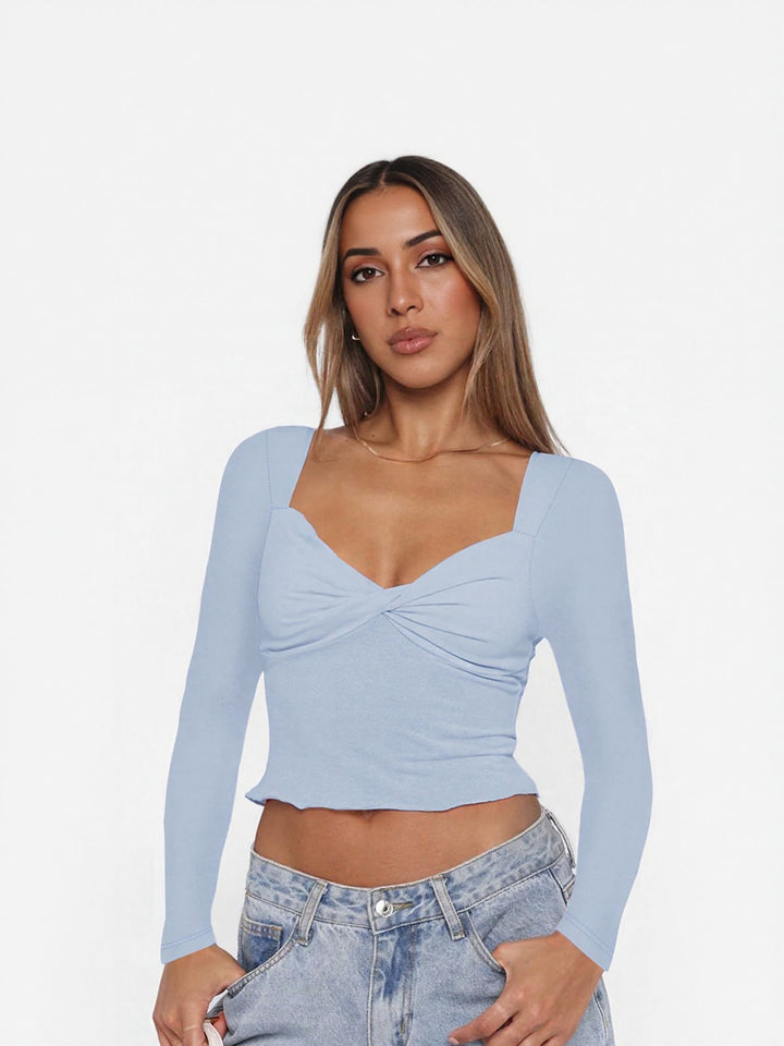 Navy Blue Fitted Knit Top With Twist Detail At Front