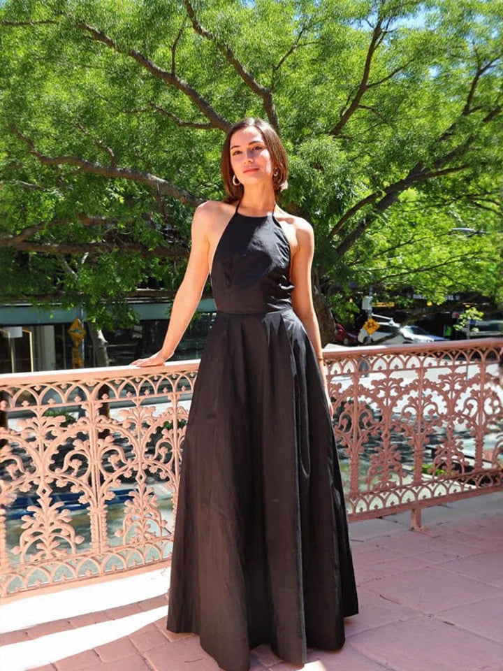 Black Solid Back Tie Up Dress