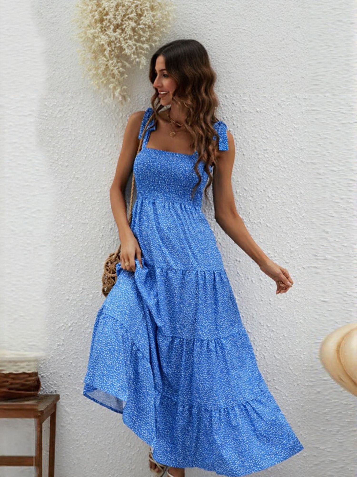 Blue Printed Tie Up Maxi Dress