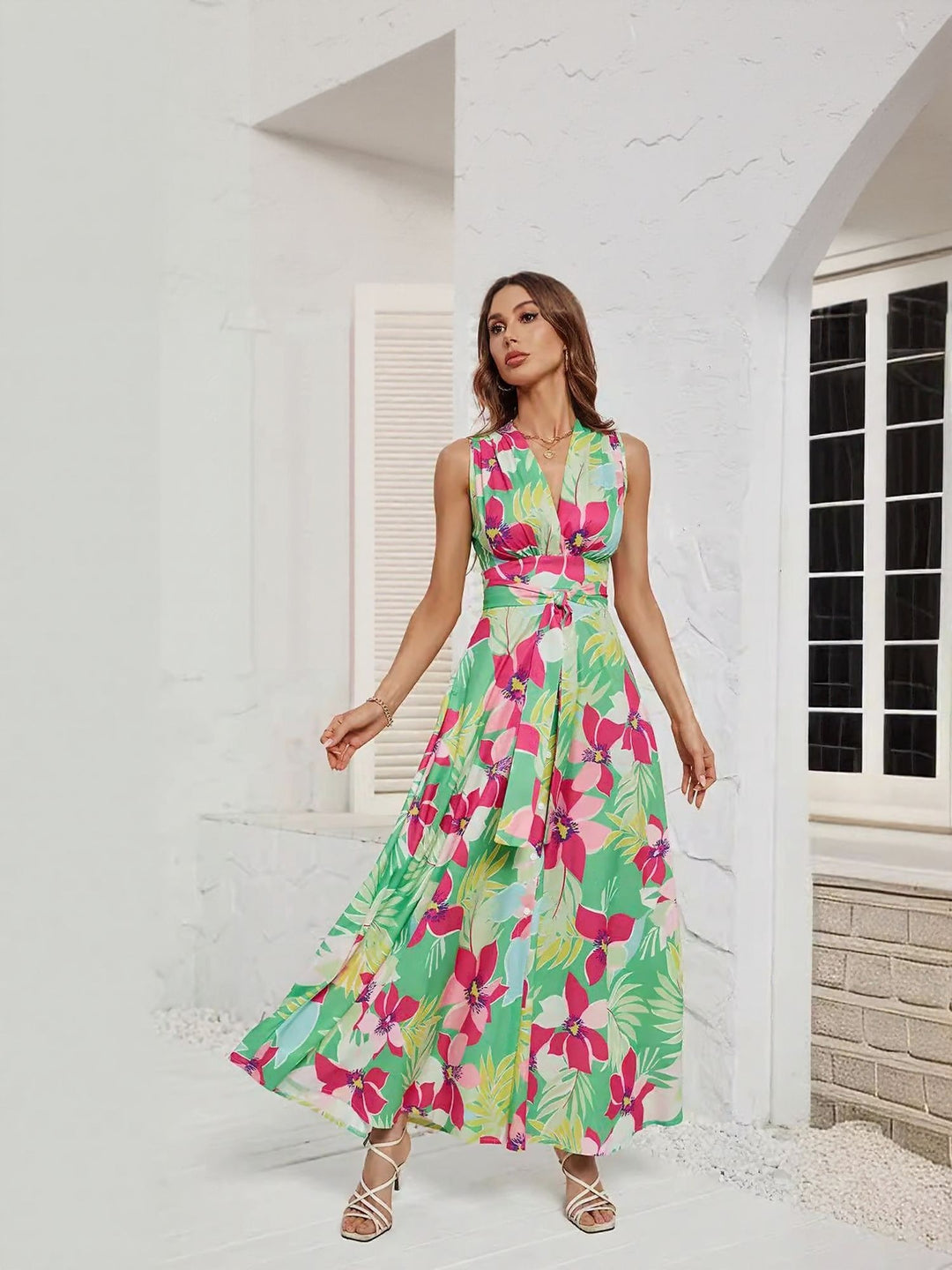 Multi Printed Belt Tie Up Dress