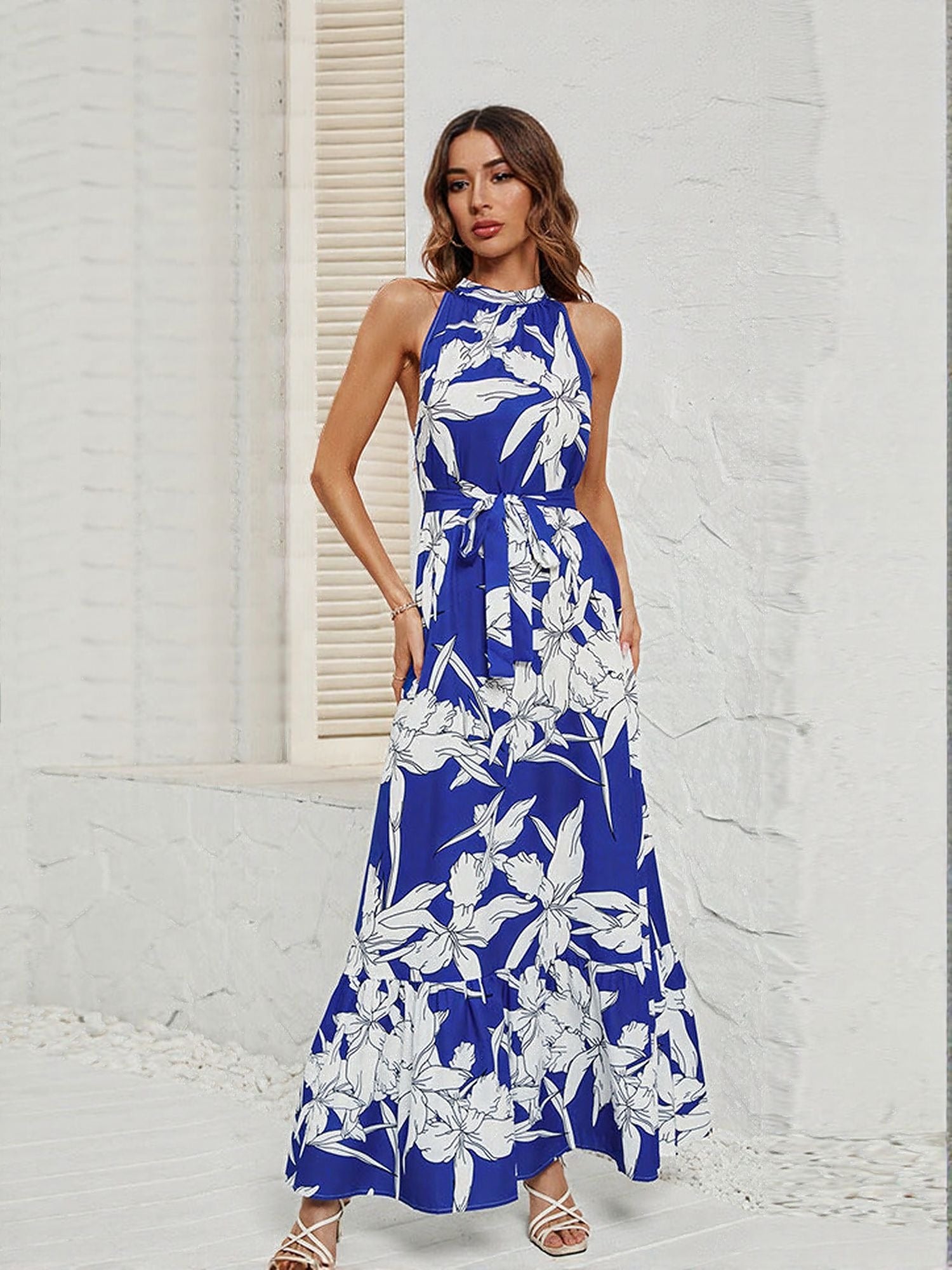 Blue Printed Halter Neck Maxi Dress