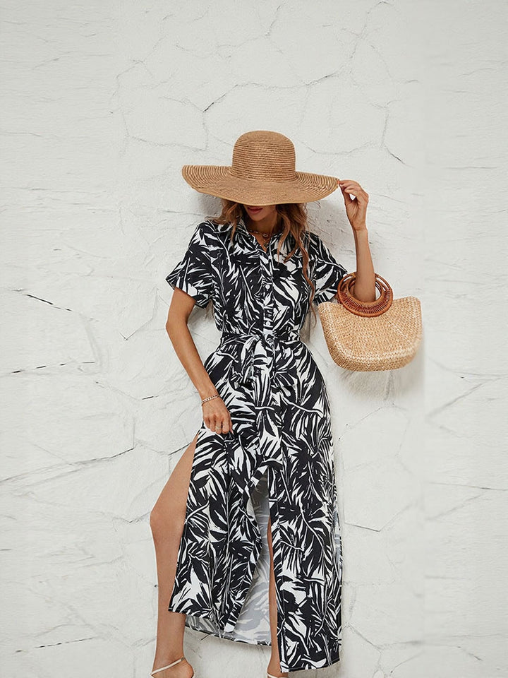 Black Printed Button Down Shirt Dress