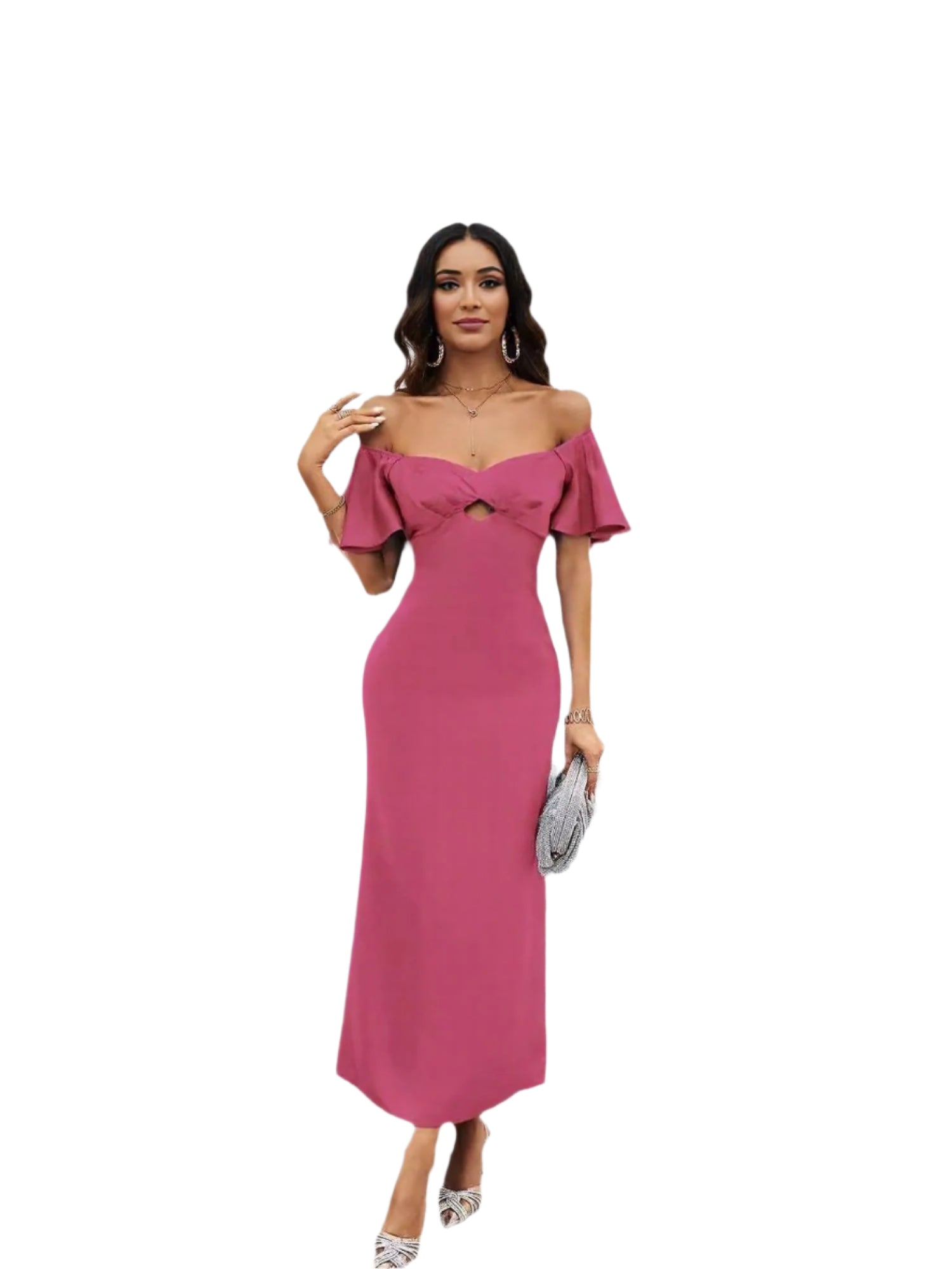 Pink Sweetheart Neckline Ruffled Sleeves Dress