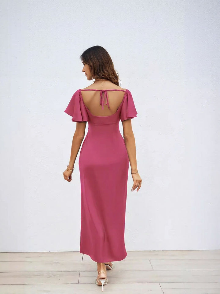 Pink Sweetheart Neckline Ruffled Sleeves Dress