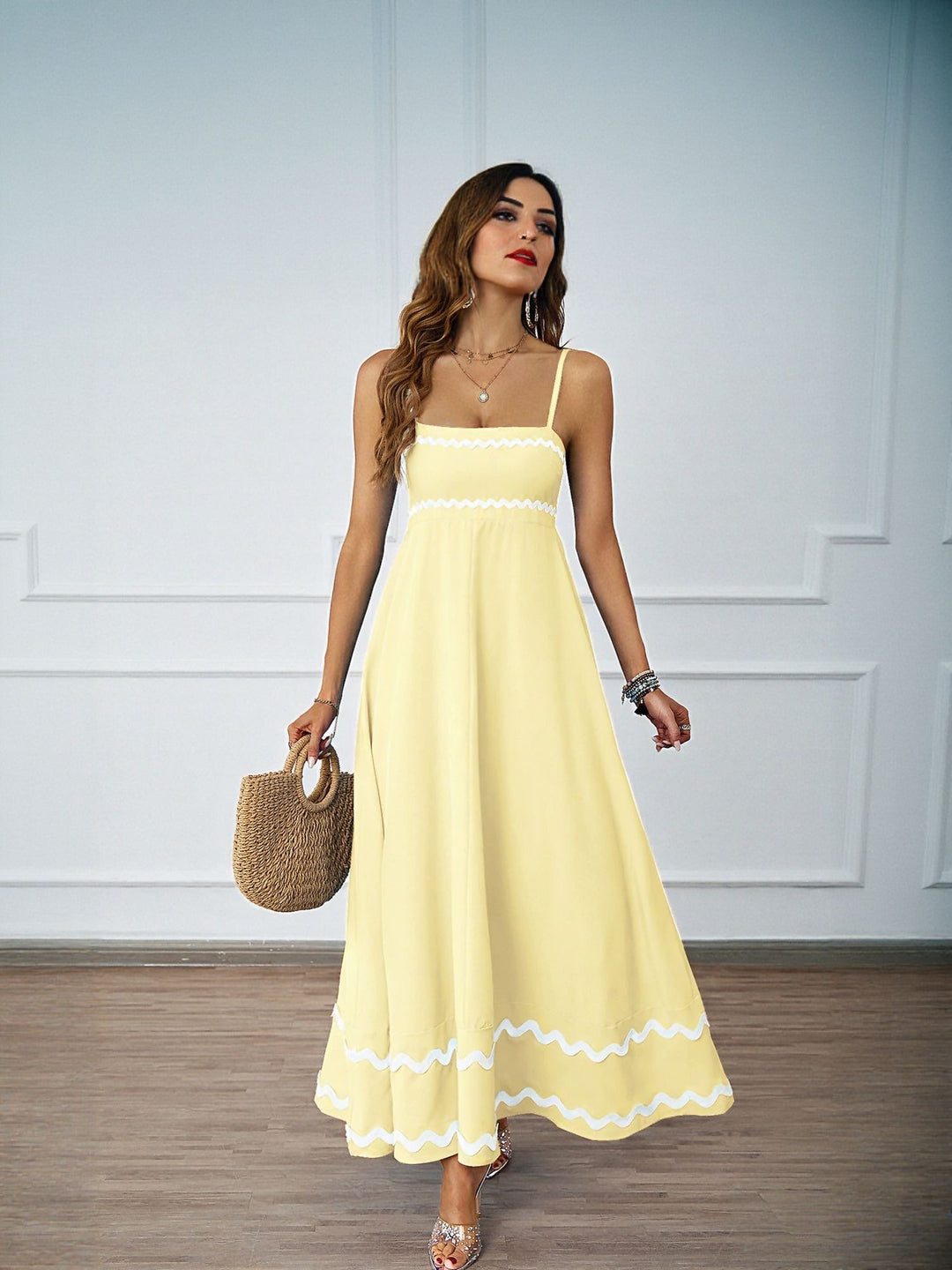 Yellow Noodle Strap Contrast Patterned Dress
