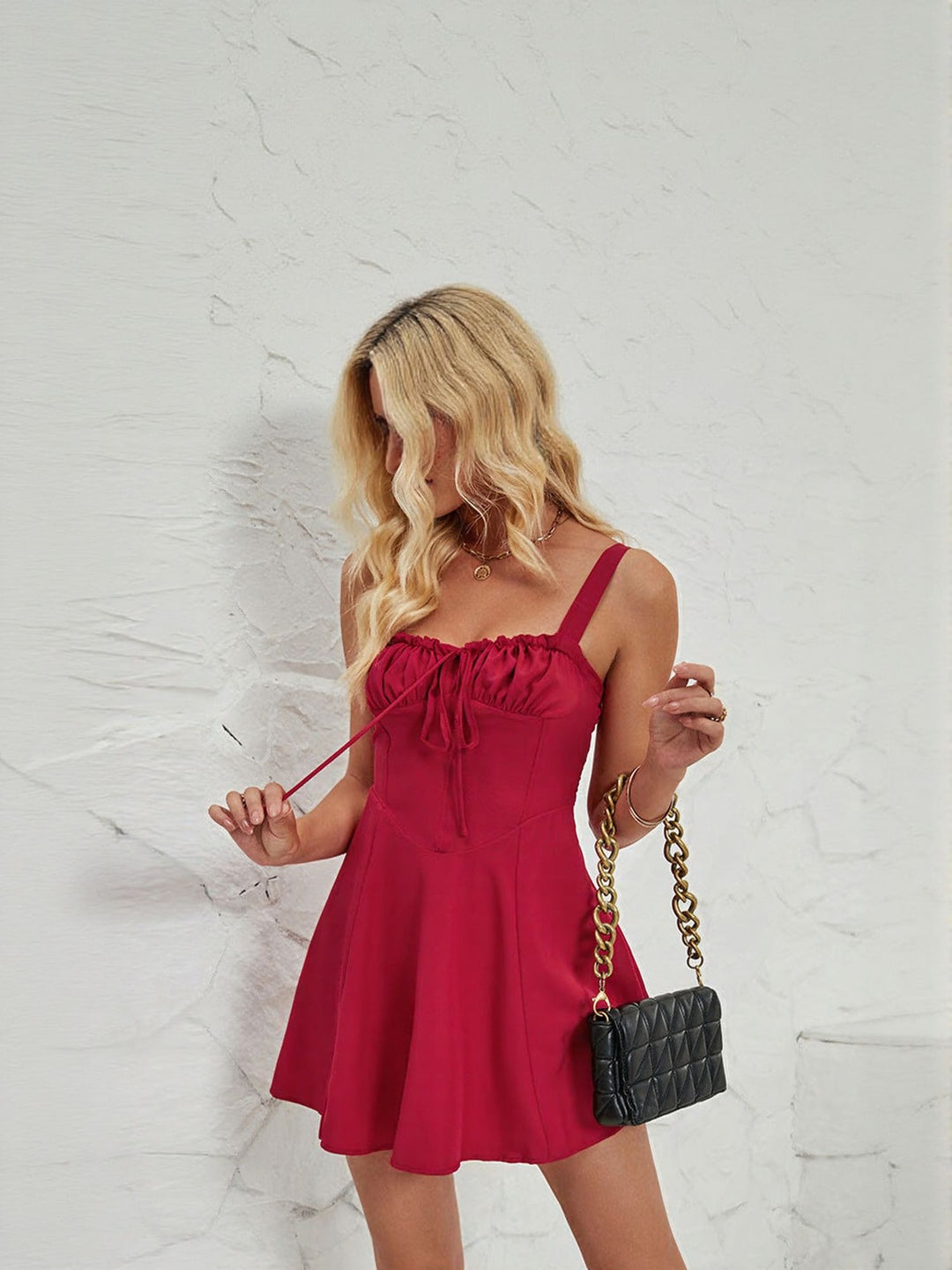 Red Pointed Waist Line Mini Dress