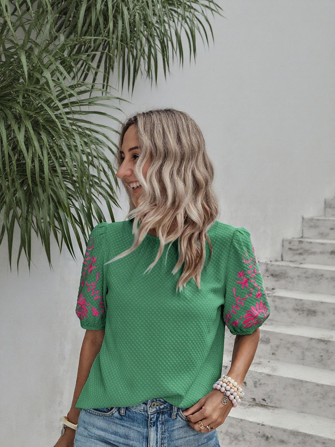 Green Sleeve Embroidery Tshirt