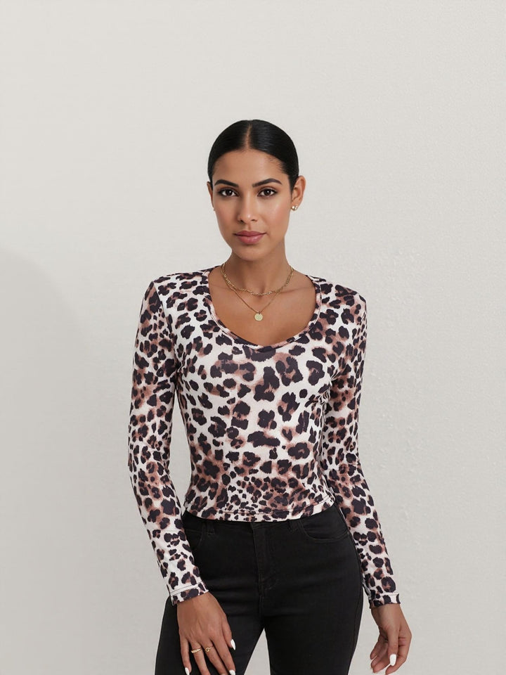 Brown Animal Print V Neck Full Sleeves Fitted Top