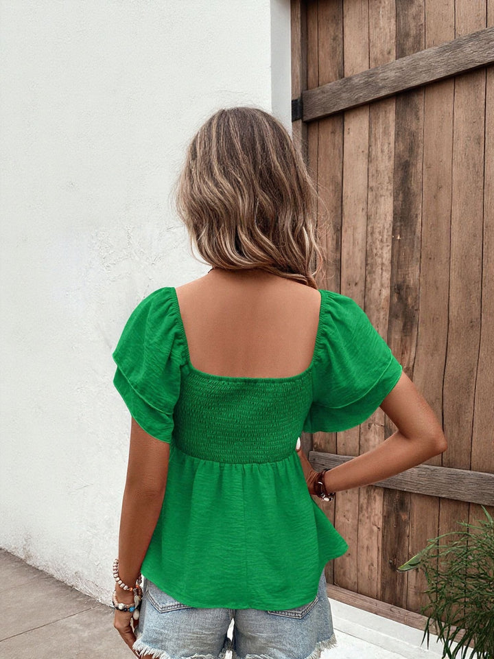 Green Sqaure Neck Flared Sleeve Top