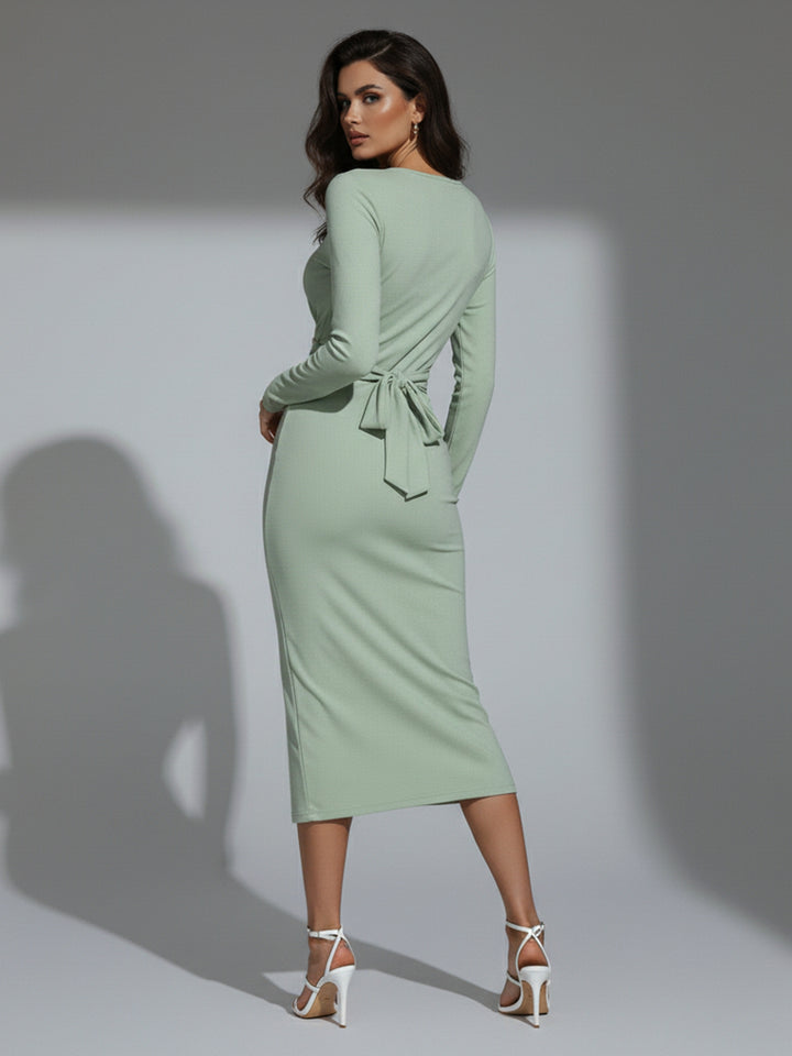Green Full Sleeve Front Twisted Dress