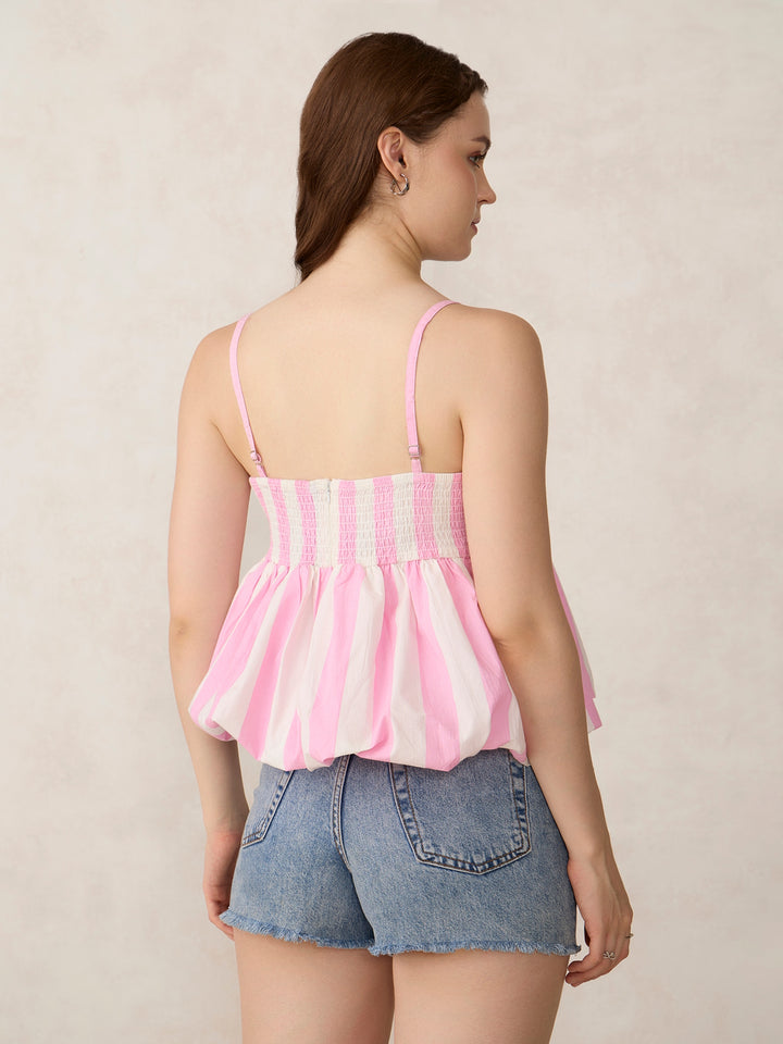 Pink V Neck Bubble Hem Top