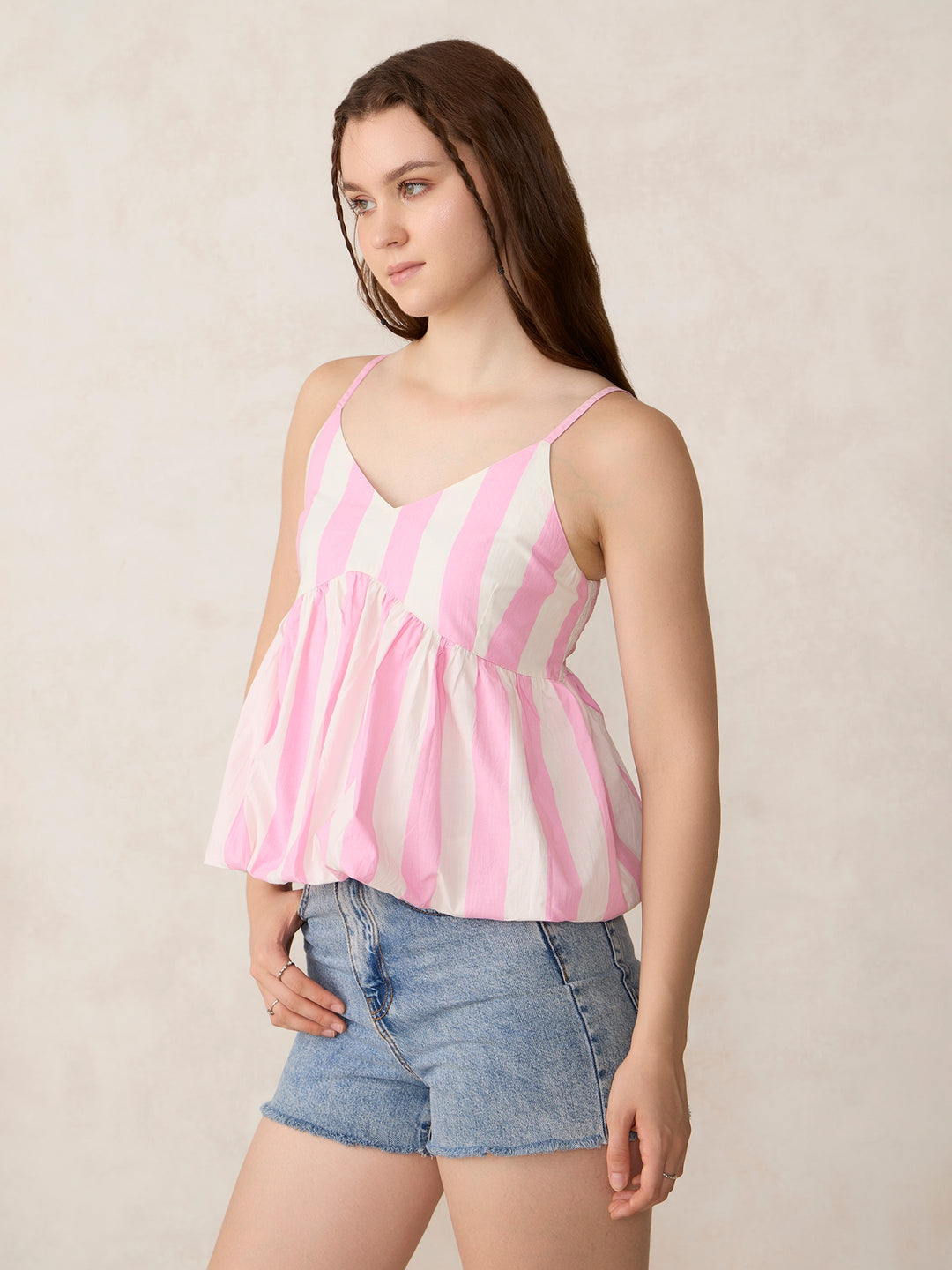 Pink V Neck Bubble Hem Top