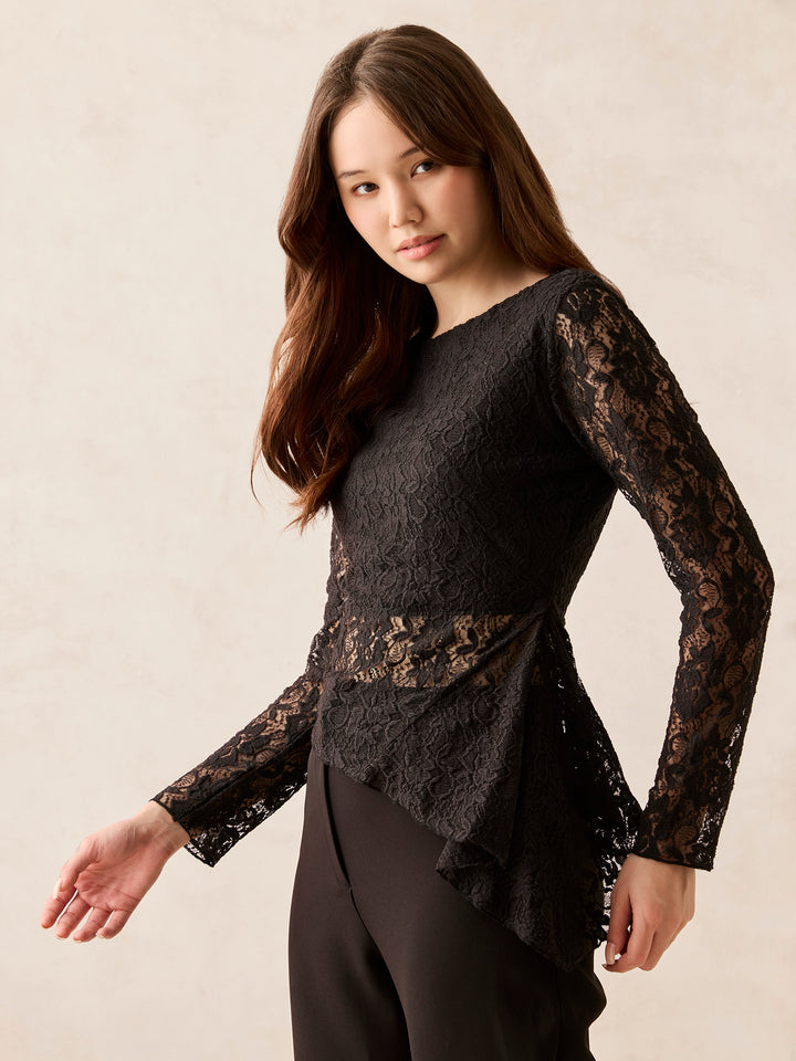 Black Full Sleeve Fitted Lace Top