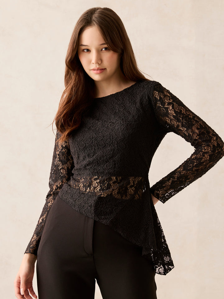 Black Full Sleeve Fitted Lace Top