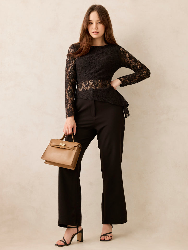 Black Full Sleeve Fitted Lace Top