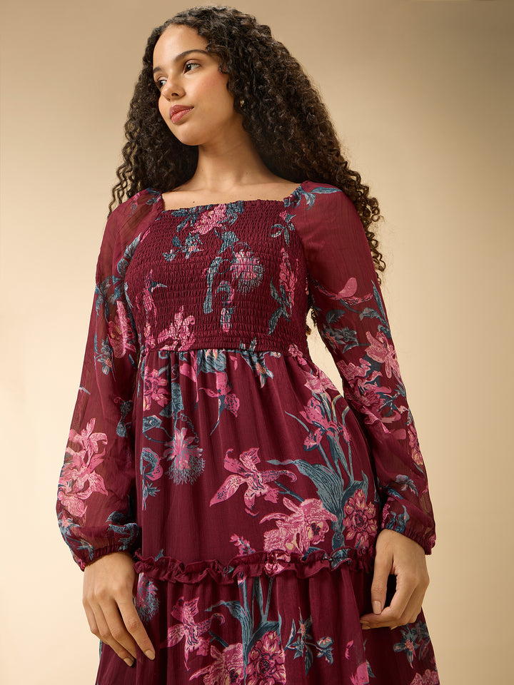 Maroon Full Sleeve Fit & Flare Dress