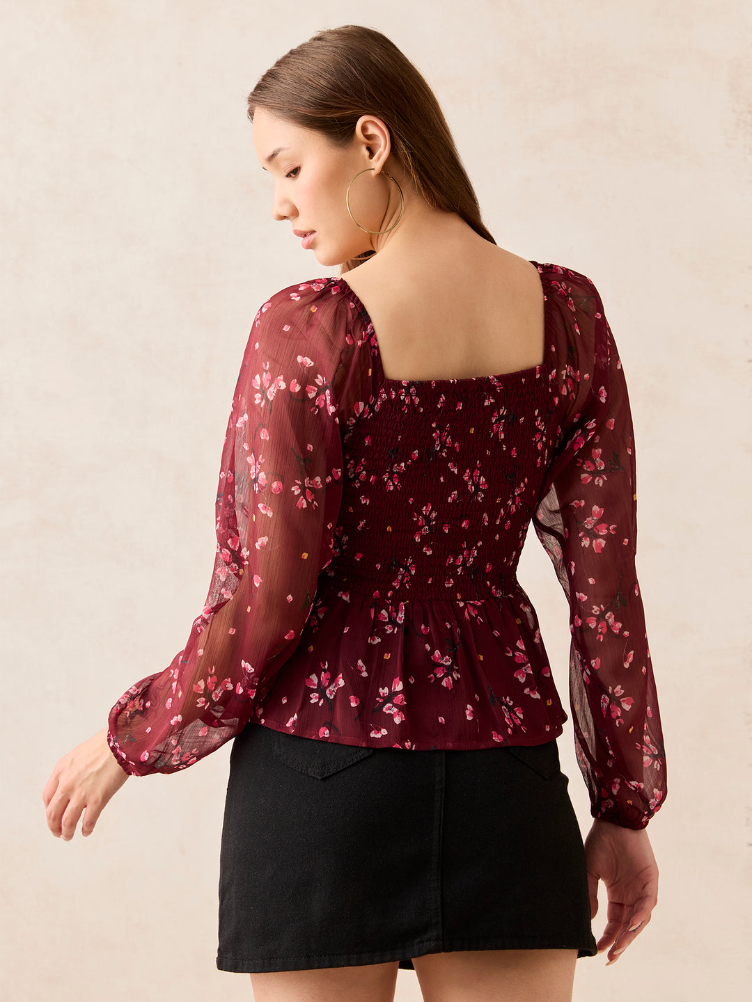 Maroon Printed Smocked Top