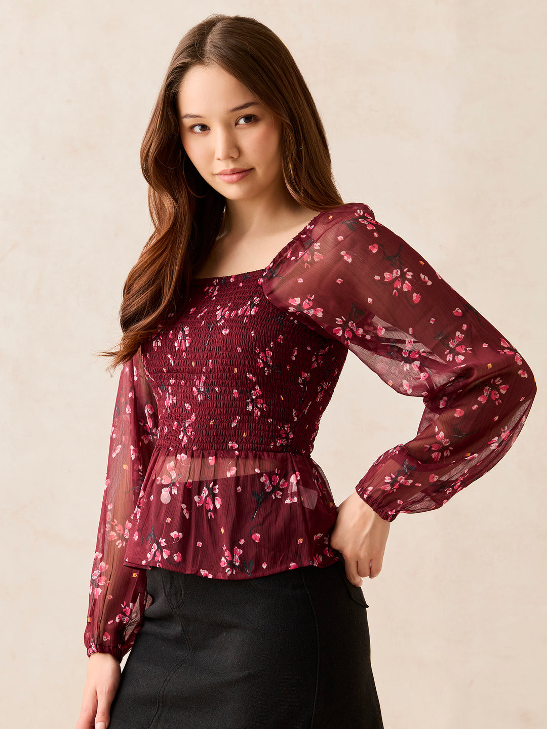 Maroon Printed Smocked Top