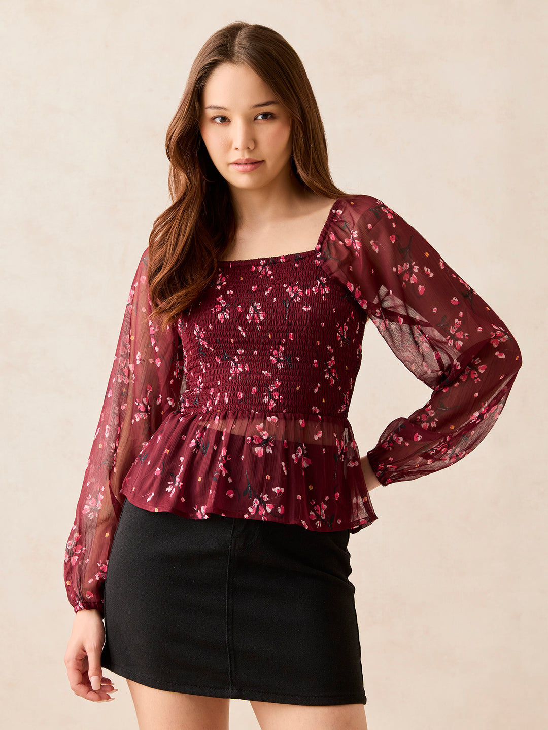 Maroon Printed Smocked Top
