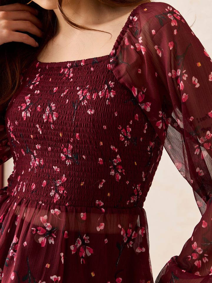 Maroon Printed Smocked Top